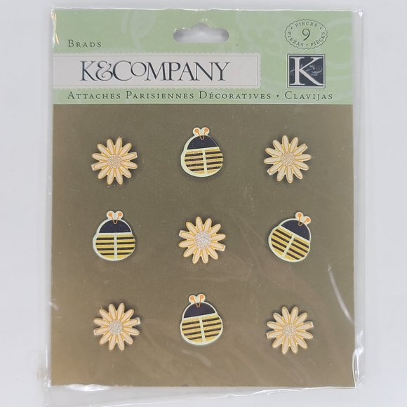 K&Company Brads Bugs And Daisies Brads 9 pcs Bees Spring Summer Brads - Picture 8 of 8